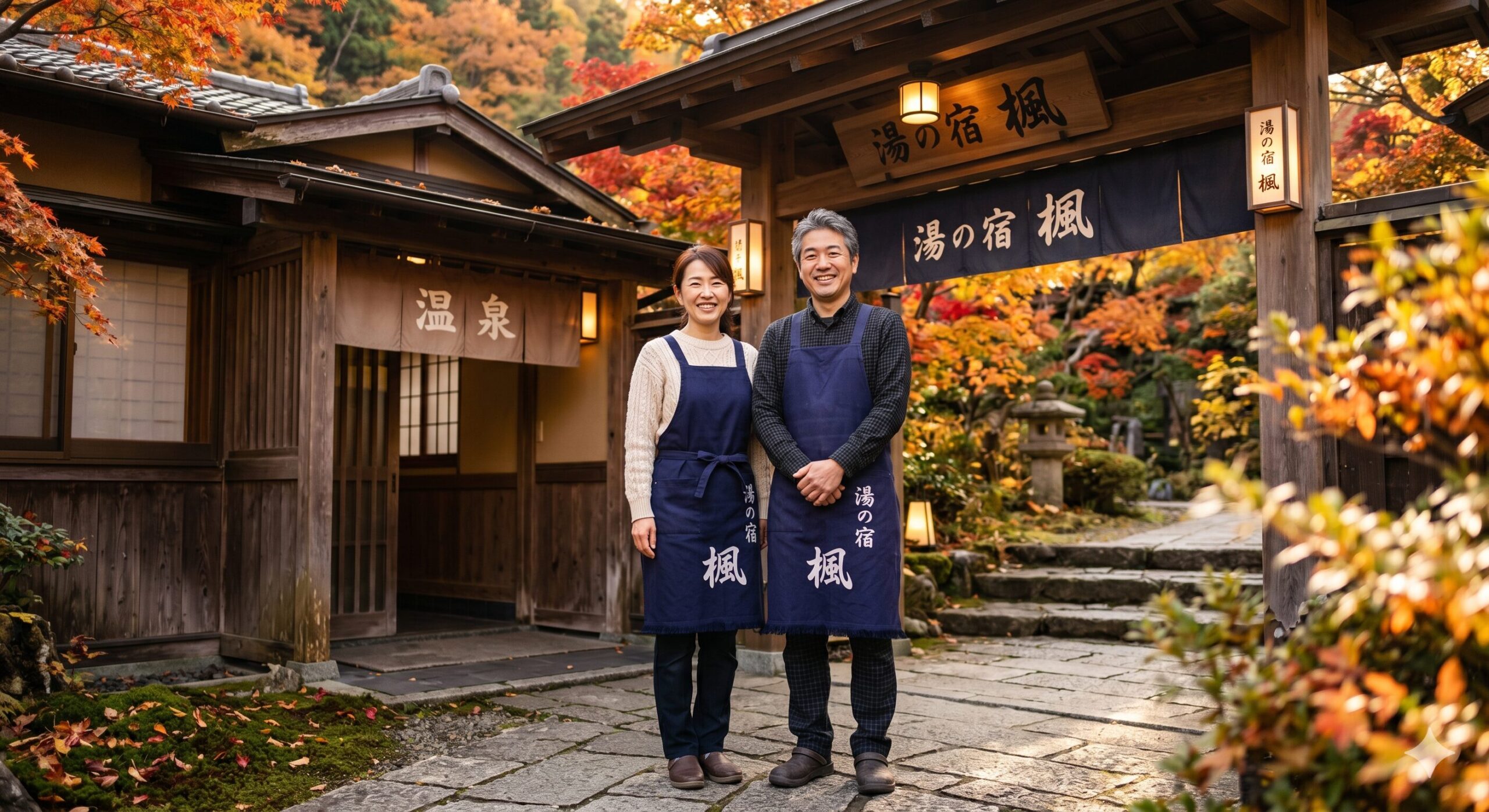 温泉旅館の前で笑顔の40代夫婦