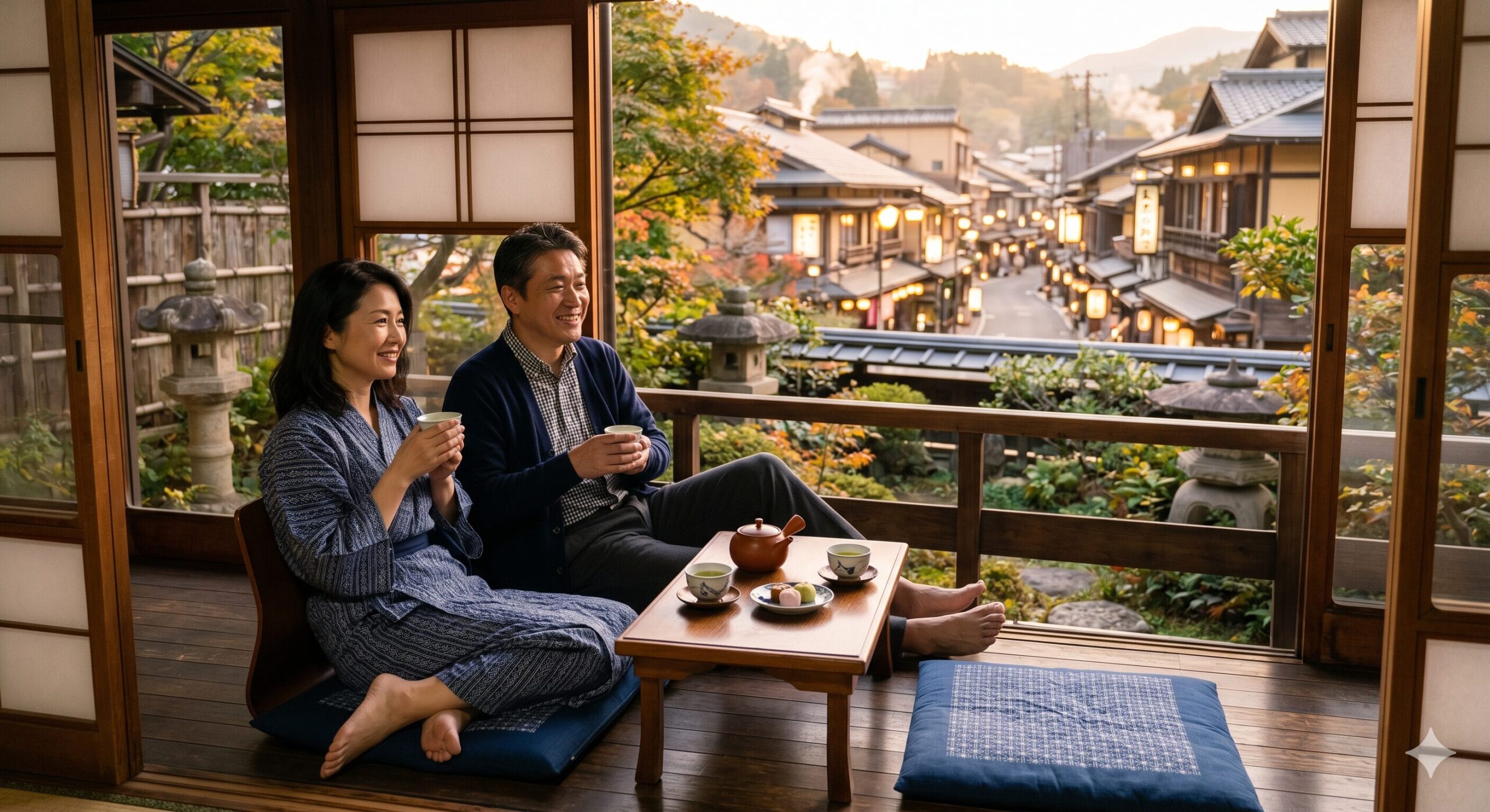 温泉旅館の縁側でくつろぐ夫婦
