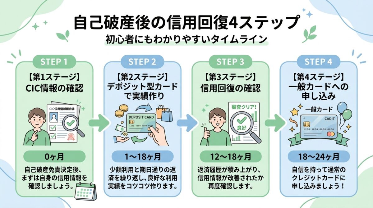信用回復の4ステージ全体像タイムライン(0ヶ月〜24ヶ月のステップ)
