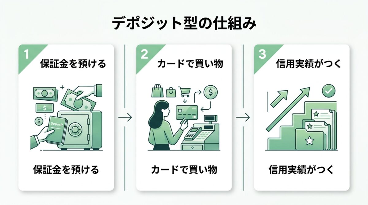 デポジット型クレジットカードの仕組みフロー図解(保証金を預ける・買い物をする・信用実績がつく)