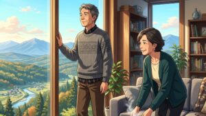 夕暮れ時の明るいリビングの窓から外を眺める60代前半の夫と、お茶を置きながら優しく微笑む50代後半の妻。窓の外には新しい未来を予感させる広大で澄んだ青空が広がるイラスト of 新海誠風アニメ