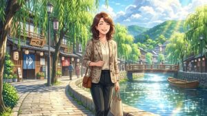 柳の木が揺れる関西の美しい温泉街の川沿いを、笑顔で散策する若々しい40代後半女性のイラスト of 新海誠風アニメ