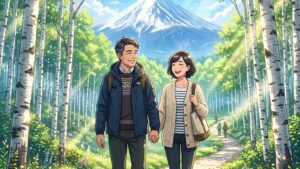 甲信越の美しい白樺並木と高原を背景に、清々しい空気を感じながら笑顔で並んで歩く若々しい40代後半夫婦のイラスト of 新海誠風アニメ