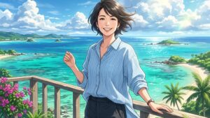 沖縄の美しいエメラルドグリーンの海と青空をバックに、テラスで爽やかな風を感じて微笑む若々しい40代女性のイラスト of 新海誠風アニメ