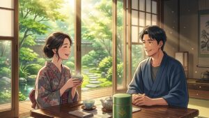 和室の旅館ロビーラウンジで、テーブルの上の茶筒(OMOTENAの二葉のロゴ)を囲みながら笑顔で相談し合う若々しい40代後半夫婦のイラスト of 新海誠風アニメ