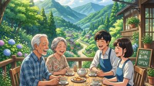 緑豊かな山々と爽やかな青空に囲まれた明るいオープンカフェのテラス席で、20代の若い男女スタッフとお茶を飲みながら楽しそうに談笑している50代後半のシニア夫婦のイラスト of 新海誠風アニメ