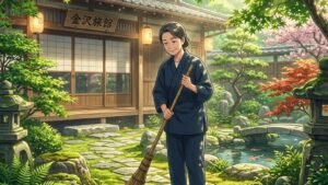 伝統的な和風高級旅館の苔むした美しい庭園で、竹ほうきを持って静かに石畳を掃き清めている、優しげで落ち着いた表情の50代前半の日本人女性のイラスト of 新海誠風アニメ