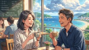 カフェの明るいテーブル席で、後ろの黒板メニューの隅に描かれた赤とオレンジのロゴ(リゾートバイト.comテーマ)を背に笑顔で対話する若々しい40代夫婦のイラスト of 新海誠風アニメ
