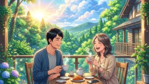 森の中のリゾートテラスで朝の心地よい光を浴びながら、夫婦で笑顔でコーヒーを飲みリラックスして過ごす若々しい40代後半夫婦のイラスト of 新海誠風アニメ
