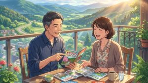 陽の光が差し込むリゾートホテルのバルコニーで、テーブルの上の旅のパンフレットや資料を笑顔で見比べながら相談し合う若々しい40代後半夫婦のイラスト of 新海誠風アニメ