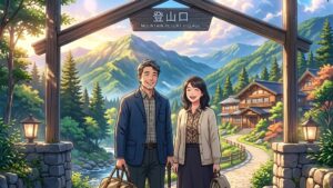 雄大な山々と美しいリゾートホテルの入り口で、旅行バッグを手に持ち、希望に満ちた笑顔で新生活のスタートを見上げる若々しい40代後半夫婦のイラスト of 新海誠風アニメ