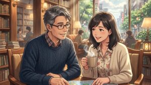温泉宿の暖かいライブラリーラウンジで、オレンジと緑のドットロゴがあしらわれた旅のマップ(リゾバ.comテーマ)を一緒に見ながら笑顔で過ごす若々しい40代夫婦のイラスト of 新海誠風アニメ