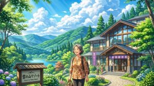 大きな旅行用カバンを持ち、爽やかな風が吹く青空の下、少し緊張しながらも希望に満ちた笑顔で美しいリゾートホテルに向かって歩いていく50代後半の日本人女性のイラスト of 新海誠風アニメ