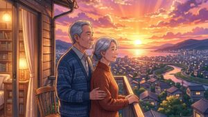 美しく夕焼けに染まる深みのあるオレンジとピンクの空を、ベランダに寄り添って並び立ちながら静かに見つめ合っている60代前半の日本人夫婦のイラスト of 新海誠風アニメ