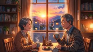 夕方の温かい光が差し込むダイニングテーブルで、お茶を飲みながら穏やかに対話している60代前半の日本人夫婦のイラスト of 新海誠風アニメ