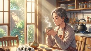 朝の光が差し込む心地よいキッチンの窓辺で、温かいお茶の入ったマグカップを両手で持ちながら、静かに考えを巡らせている50代後半の日本人女性のイラスト of 新海誠風アニメ