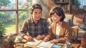日の当たる落ち着いたリビングのテーブルで、旅行用の書類や健康に関する手帳を広げながら、安堵した笑顔で互いを見つめ合っている50代後半の日本人夫婦のイラスト of 新海誠風アニメ