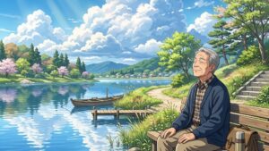 澄み渡る広大な青空と白い雲の下、穏やかな湖のほとりにある木製ベンチに座り、静かに目を閉じて風を感じながらリラックスしている60代前半の日本人男性のイラスト of 新海誠風アニメ