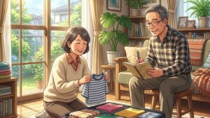 太陽光が差し込む明るいリビングで、夫婦で一緒にトランクに荷造りをしている50代後半の日本人夫婦のイラスト of 新海誠風アニメ