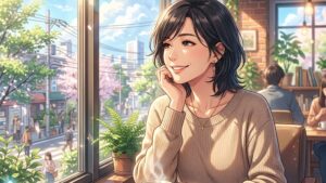 自分に合った体力負荷の少ない求人を探すため、陽の光が入るカフェでリラックスして過ごす若々しい40代・50代女性のイラスト of 新海誠風アニメ