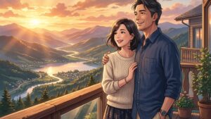 第二の人生としてリゾートバイトを選び、夕暮れ時のリゾートホテルから楽しそうに景色を眺める若々しい40代後半夫婦のイラスト of 新海誠風アニメ