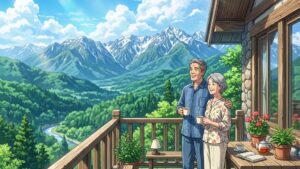 美しい山々と豊かな森に囲まれた山荘のバルコニーで、澄んだ青空を眺めて寛ぐ60代前半の日本人夫婦のイラスト of 新海誠風アニメ