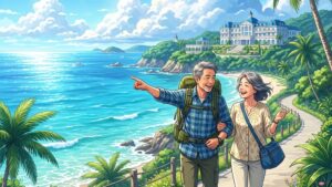 明るく澄み渡る青空とエメラルドグリーンの美しい海に沿った遊歩道を、リュックや旅行バッグを手に持ち、遠くの豪華リゾートホテルを笑顔で指差しながら楽しげに歩く60代の元気な日本人夫婦のイラスト of 新海誠風アニメ