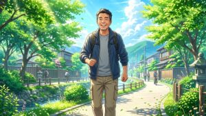 初夏の爽やかな緑が茂る並木道の木漏れ日の中を、健康的な服装で笑顔を浮かべながら前を向いて颯爽と歩いている60代前半の日本人男性のイラスト of 新海誠風アニメ
