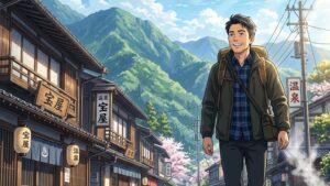 東北の情緒ある山あいの温泉街で、朝の爽やかな光を浴びながらハツラツと歩く若々しい40代後半・50代中高年男性のイラスト of 新海誠風アニメ