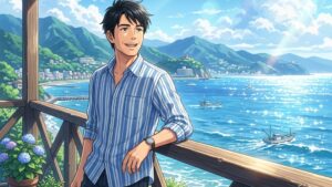 伊豆や熱海の美しいきらめく海をバックに、テラスで朝の海風を感じて微笑む若々しい40代後半・50代中高年男性のイラスト of 新海誠風アニメ