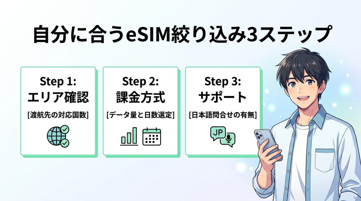 自分に合うeSIMを失敗なく絞り込む3ステップ解説図解(新海誠風男性キャラクター版)