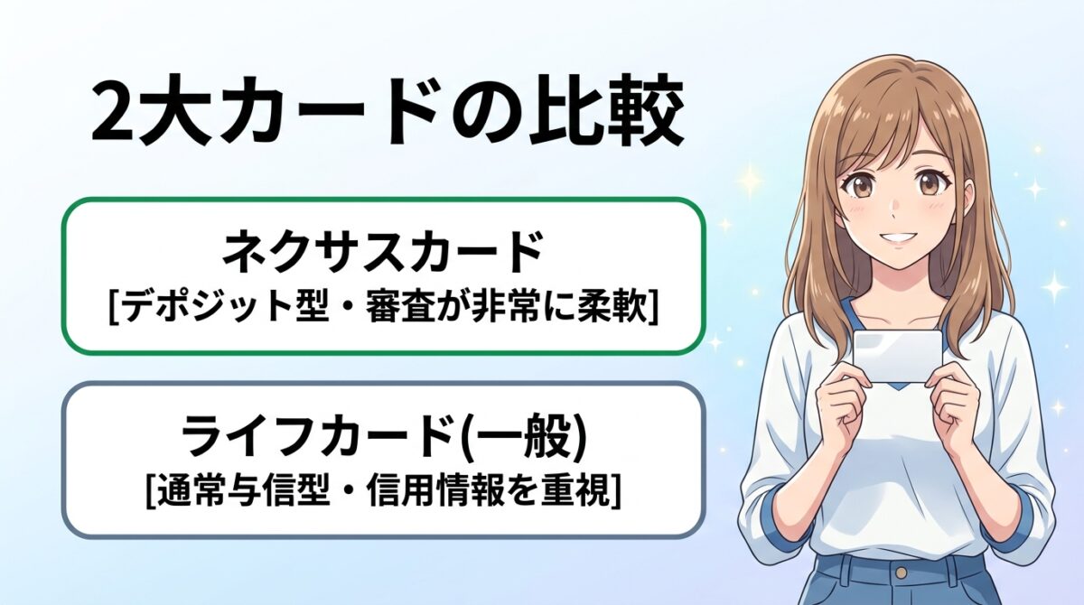 ネクサスカードとライフカード(一般)のタイプと審査難易度の比較図解(新海誠風女性キャラクター版)