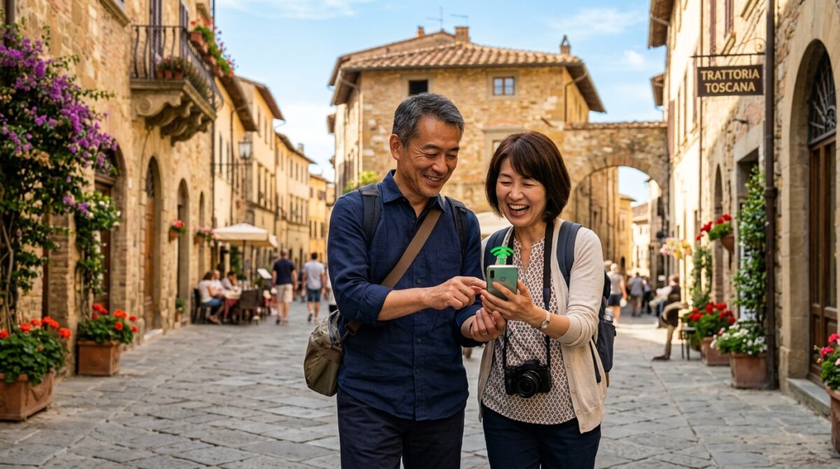 海外旅行先で快適にスマホを使って笑顔になる夫婦のイメージ