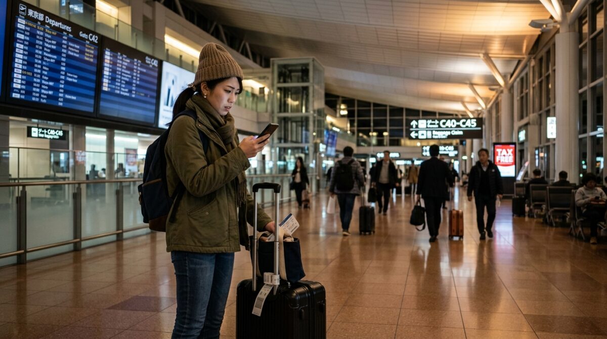 海外の空港でスマホの電波が繋がらず困惑する旅行者のイメージ