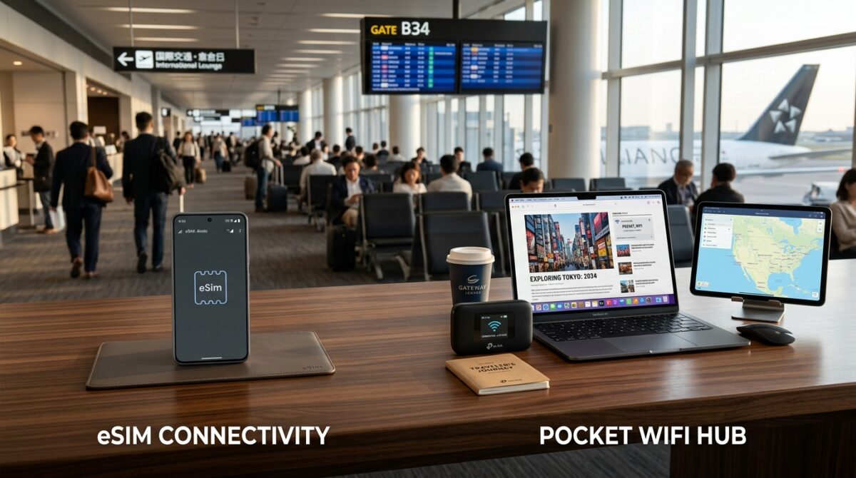 空港ラウンジのテーブルに並べられたeSIMスマホとポケットWiFiルーター・PC・タブレット