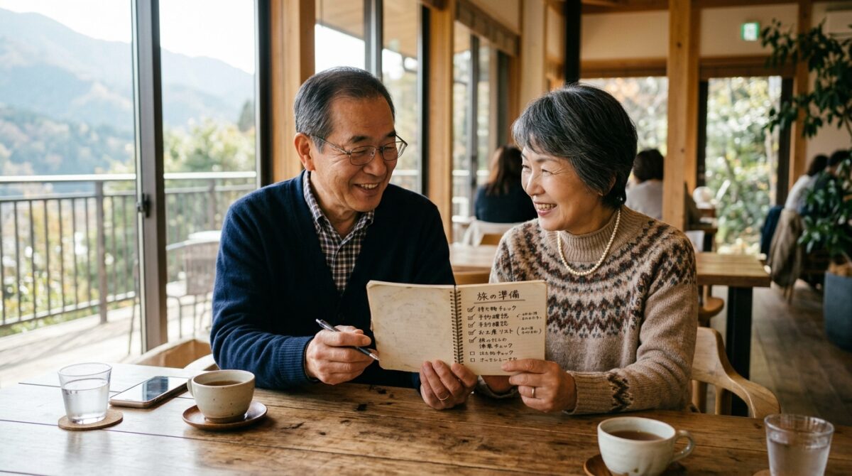 落ち着いたカフェでリゾートバイトの希望条件チェックリストを確認しながら笑顔で話し合う50代夫婦