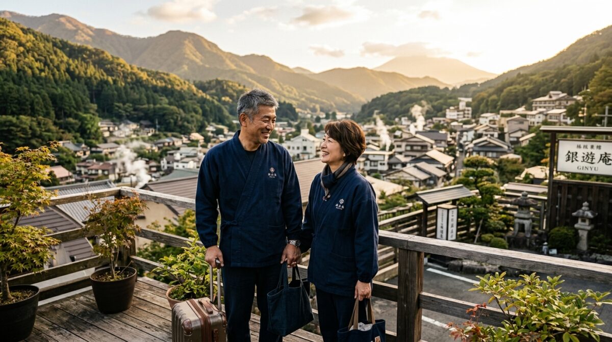 温泉旅館の展望デッキで寄り添い笑顔でリゾートバイトを楽しむ50代夫婦