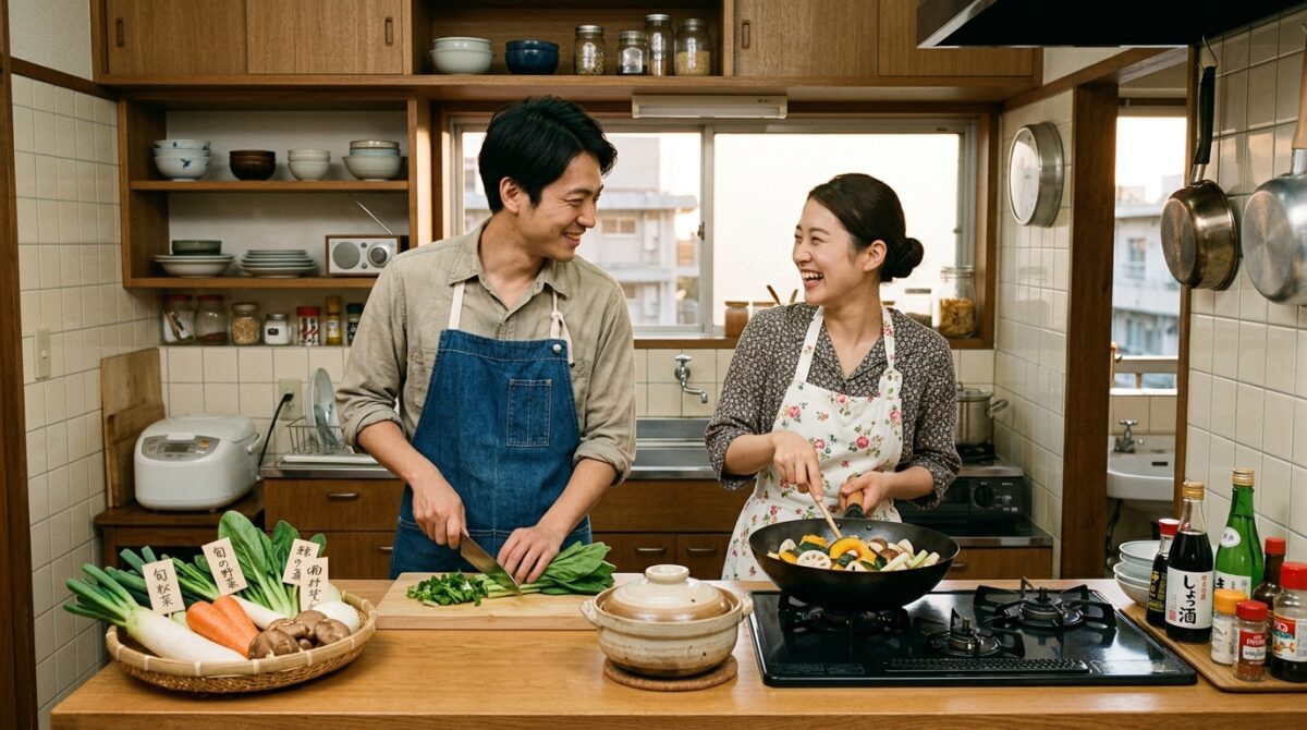 清潔なアパート寮のキッチンで笑顔で料理を作る50代夫婦