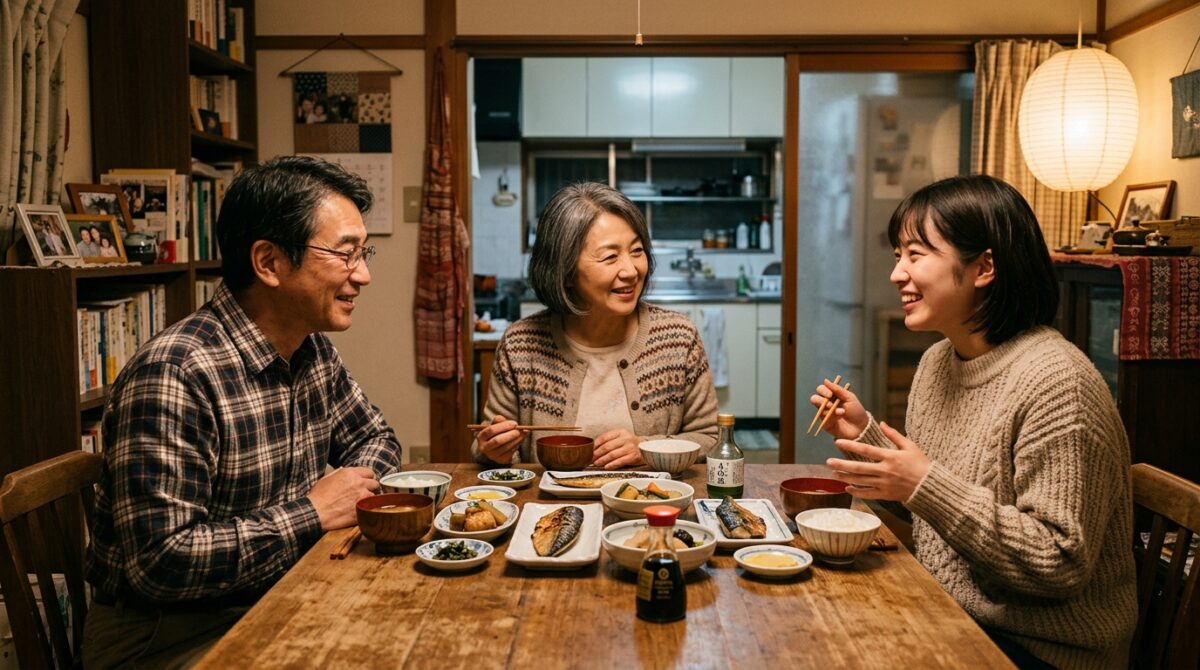 温かい家庭の食卓で娘と笑顔でリゾートバイト挑戦について話し合う50代夫婦