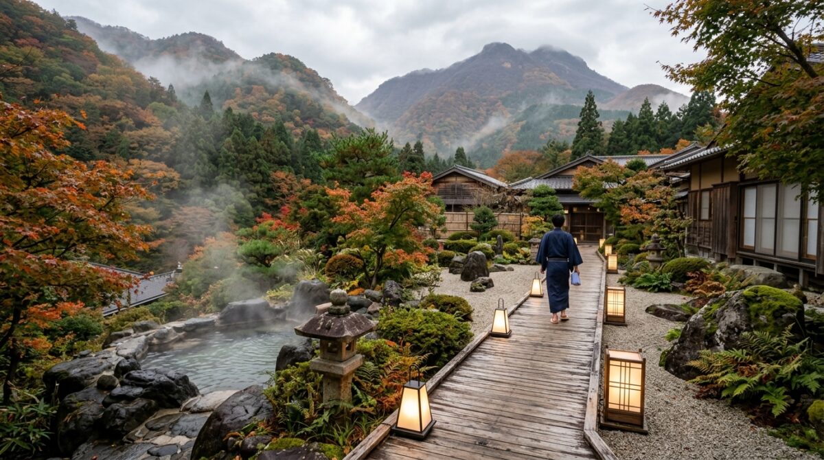 緑と紅葉に囲まれた静かで落ち着いた温泉リゾート旅館の露天風呂と回廊