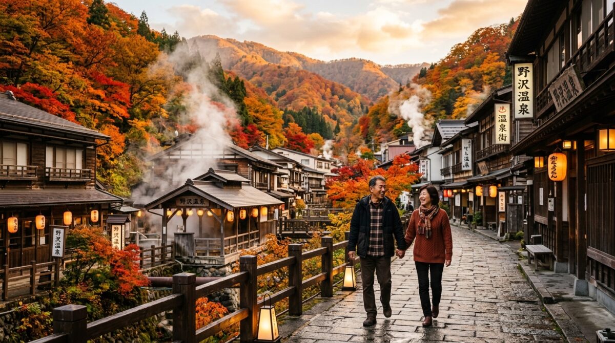 湯けむりと紅葉に包まれた長野県の温泉街を笑顔で歩く50代夫婦