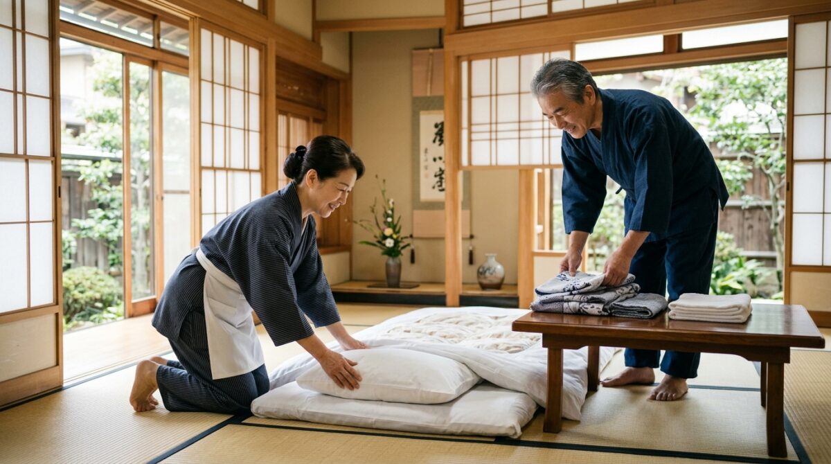 清潔な和室で笑顔で客室の布団や浴衣の準備を整える50代スタッフ夫婦