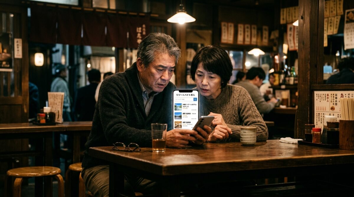 夜の居酒屋テーブルでスマートフォンを見ながらリゾートバイト求人を真剣に調べる50代夫婦