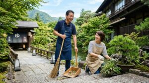 温泉旅館の日本庭園で笑顔で元気に働く50代シニア夫婦のリゾートバイトのイメージ