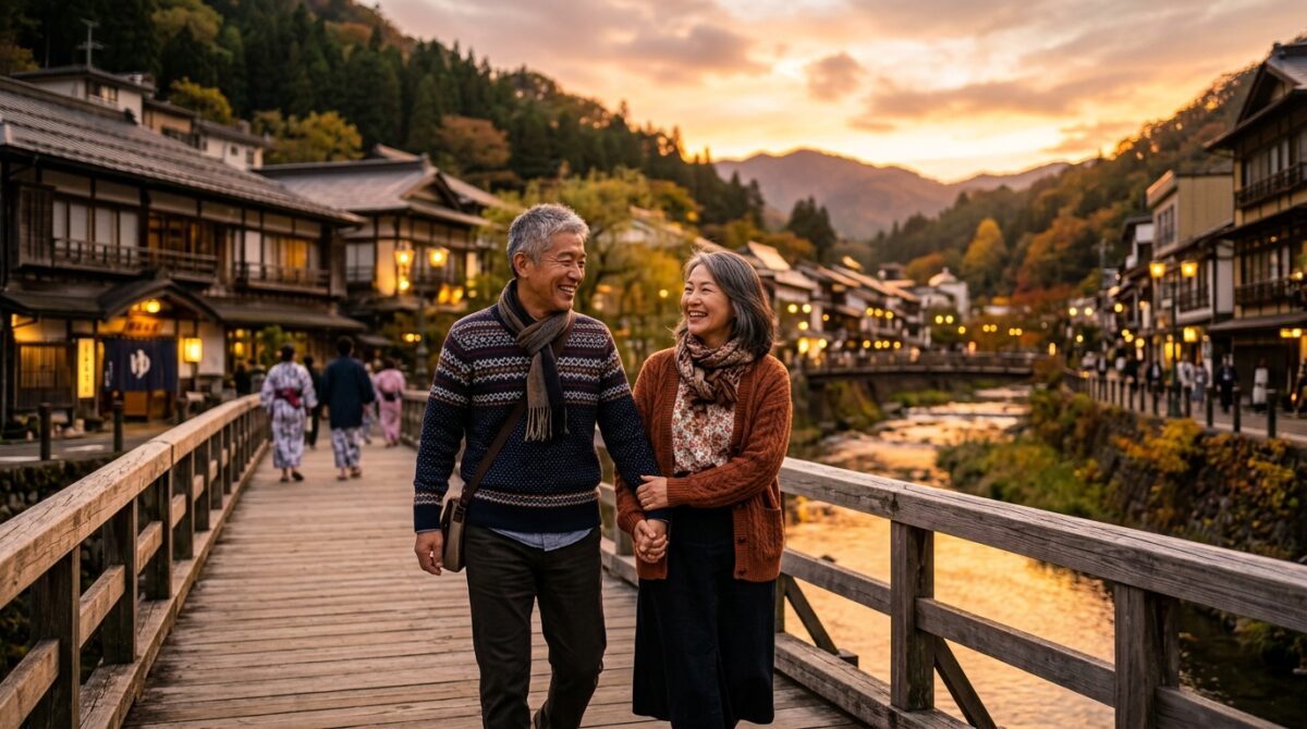 夕日に照らされた温泉街の木の橋を手をつないで歩き達成感に満ちた笑顔の50代夫婦