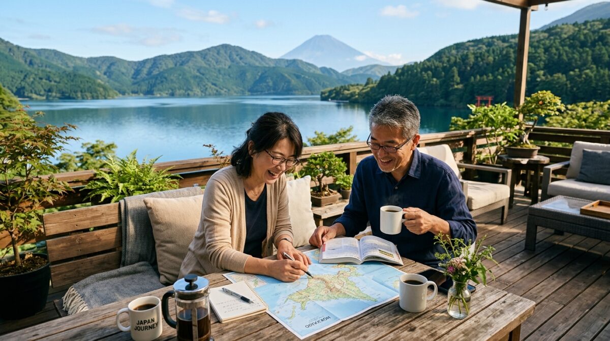 富士山と湖を望むテラスでコーヒーを飲みながら笑顔で旅の計画を立てる50代夫婦