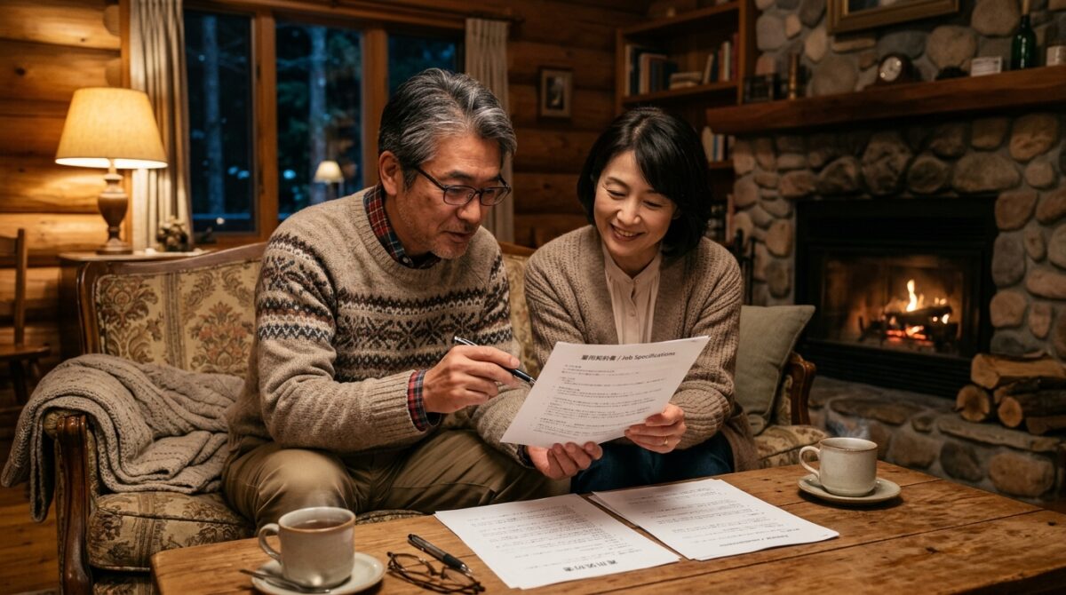 落ち着いた山小屋のリビングでリゾートバイトの求人票を真剣に確認する50代夫婦