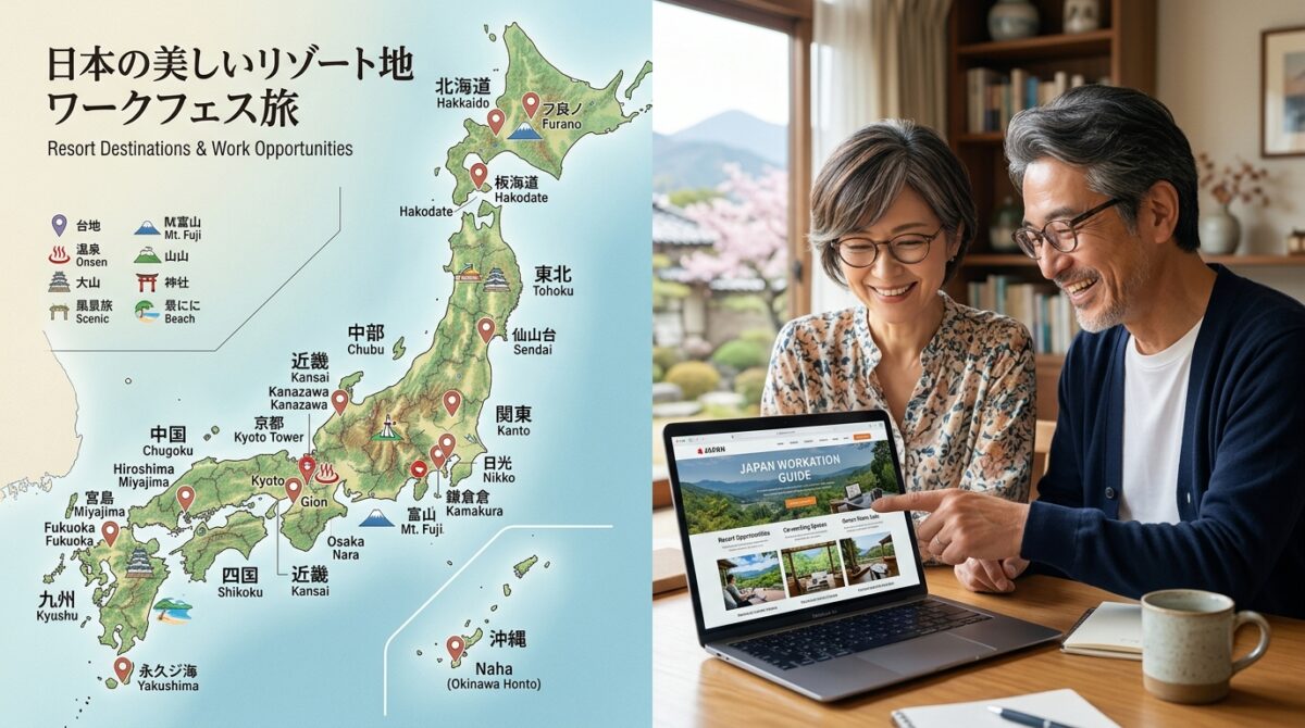 日本全国のリゾート地マップとノートパソコンで求人を調べる50代夫婦