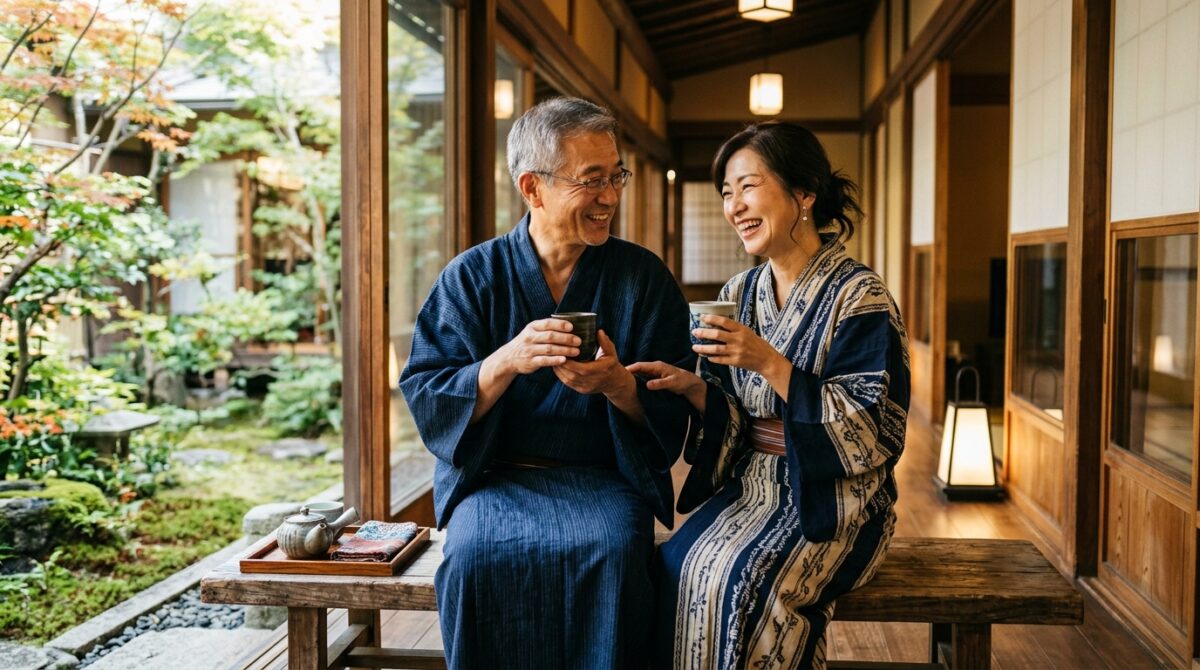 温泉旅館の廊下で笑顔で休憩し満足そうにお茶を飲む50代夫婦
