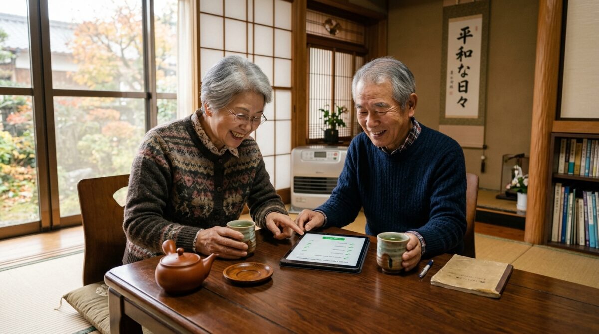 和室のこたつでタブレットを見ながら安心した笑顔を浮かべるシニア夫婦